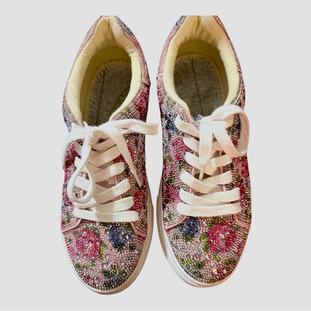Betsey Johnson Pink Floral Crystal Lace-Up Sneakers